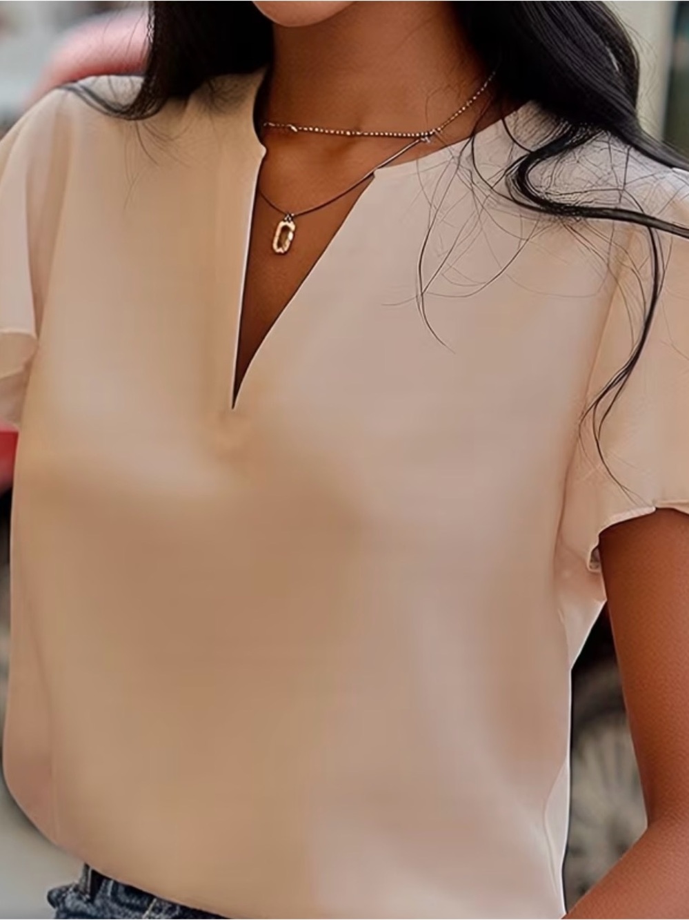 Women’s Cream tan V-Neck Short Sleeve Blouse